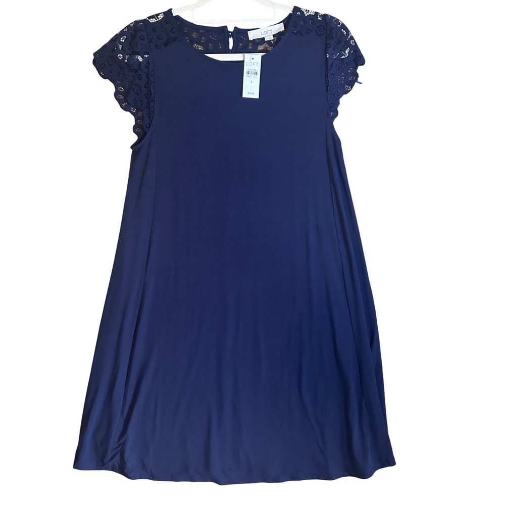 LOFT Navy Blue Lace Sleeve A Line Dress Size Small